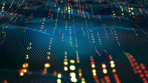 Terabytes of binary code data flying in a stream of information.