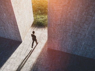 Businessman walking to open gate to a new better green world