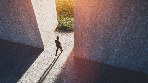Businessman walking to open gate to a new better green world
