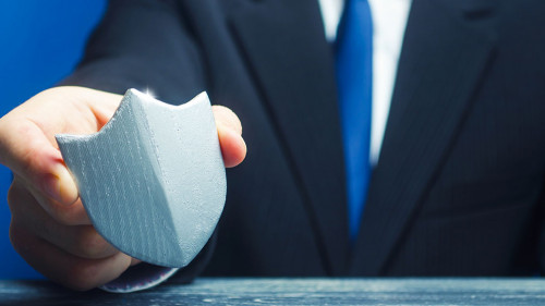 A man holds a protection shield in his hand. Safety, life and property insurance. Security personnel, maintaining law and order. Lawyer defends the rights and innocence. Protectionism, defense