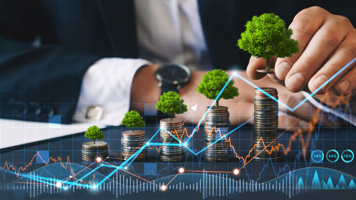 Eco business investment. Green business growth. Businessman hold