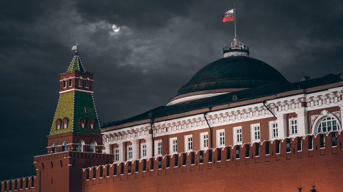 Dark night shot of Russian Kremlin: Senate dome, tower, wall