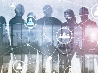 Website header banner. Double exposure people network structure HR - Human resources management and recruitment concept.