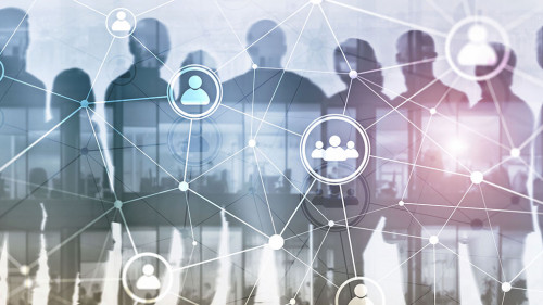 Website header banner. Double exposure people network structure HR - Human resources management and recruitment concept.