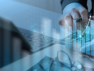 Businessman working with modern computer calculator virtual dash