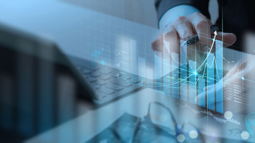 Businessman working with modern computer calculator virtual dash