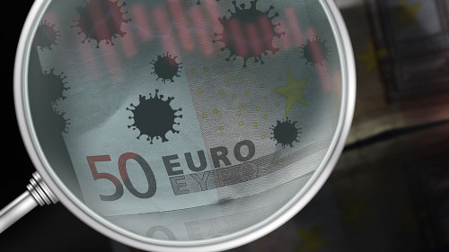 Coronavirus on Euro banknote. Global novel coronavirus (Covid-19