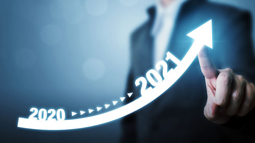 Businessman pointing arrow graph corporate future growth plan. Business development to success and growing growth year 2020 to 2021 concept