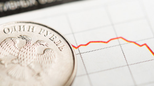 One rouble coin on fluctuating graph. Rate of the Russian rouble