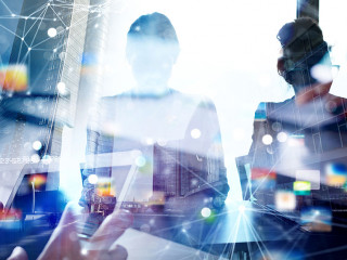 Business people work together in office. Concept of teamwork and partnership. double exposure with network effects