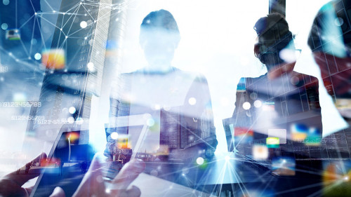 Business people work together in office. Concept of teamwork and partnership. double exposure with network effects