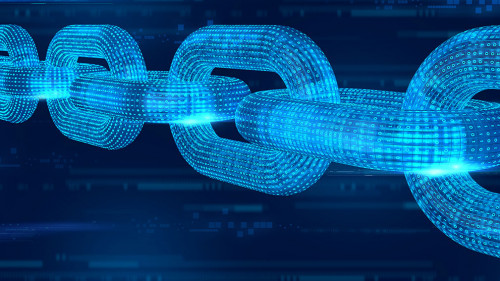 Block chain. Crypto currency. Blockchain concept. 3D wireframe chain with digital code. Editable cryptocurrency template. 3D illustration.