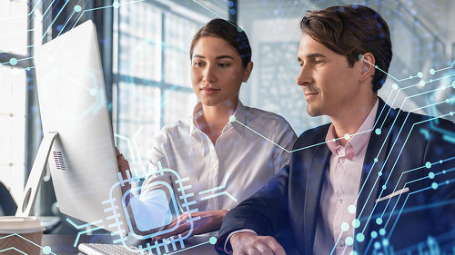 Businessman and businesswoman in formal wear working together to optimize business process by applying new technologies. Hi tech holograms over modern office background with panoramic windows