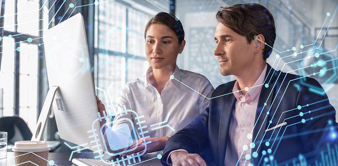 Businessman and businesswoman in formal wear working together to optimize business process by applying new technologies. Hi tech holograms over modern office background with panoramic windows