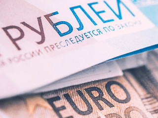 euro and rubles. concept of currency exchange. Economic crisis, decline of the world economy. Ruble devaluation. The fall of the Russian currency. Currency exchange at the Bank.