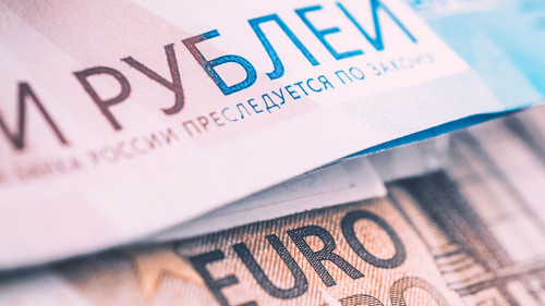 euro and rubles. concept of currency exchange. Economic crisis, decline of the world economy. Ruble devaluation. The fall of the Russian currency. Currency exchange at the Bank.