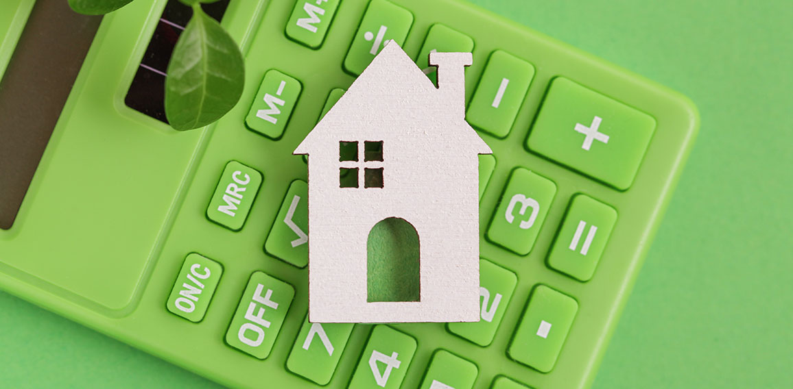 Responsible Lending. Sustainability credit. Green Calculator, white Home, Leaf on green background.