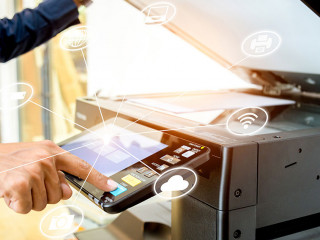 Bussiness man Hand press button on panel of printer with icon te