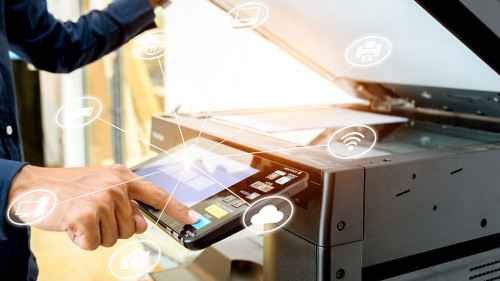 Bussiness man Hand press button on panel of printer with icon te