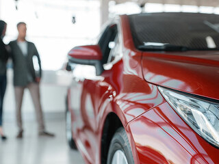 Couple buying new red car in showroom