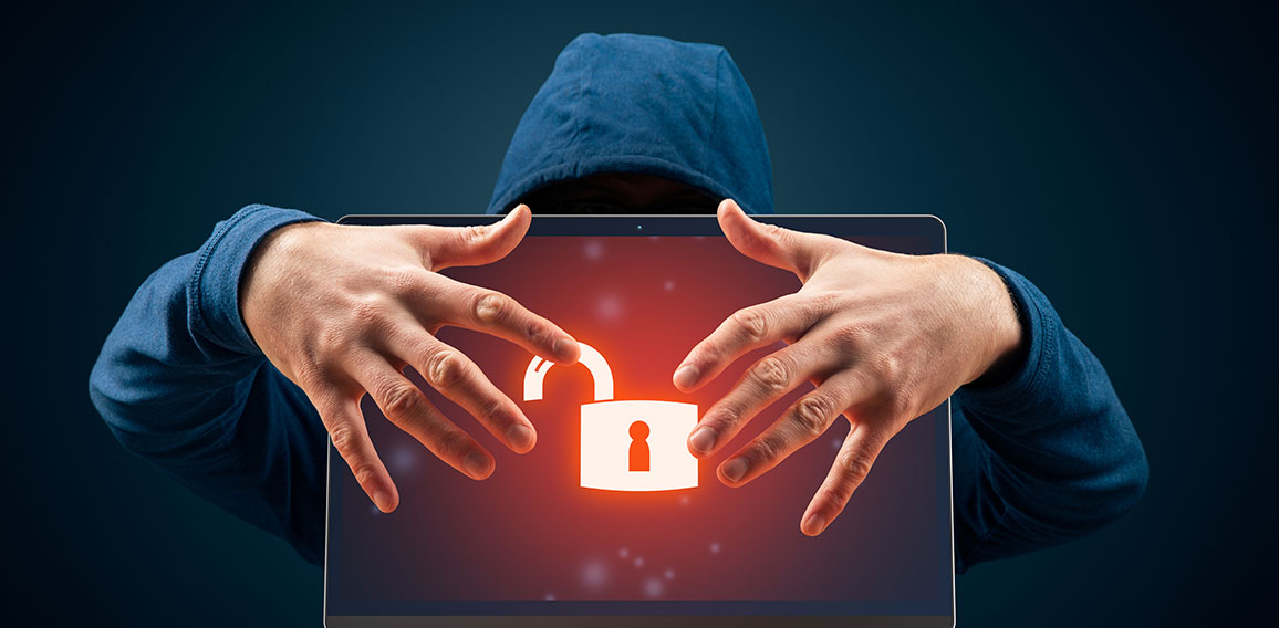 Unprotected computer usurped by hacker cyber security threat con