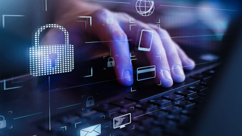 Data protection and secure online payments. Cyber internet security technologies and data encryption . Closeup view of man`s hand using laptop with virtual digital screen with icon of lock on it.