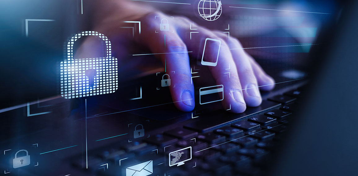 Data protection and secure online payments. Cyber internet security technologies and data encryption . Closeup view of man`s hand using laptop with virtual digital screen with icon of lock on it.