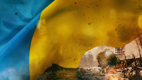 Ukraine country flag with fire and destroyed city