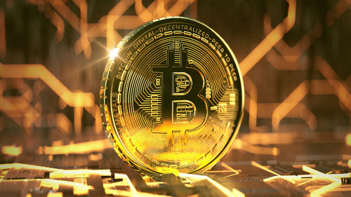 Bitcoin on a circuit board (3D Rendering)