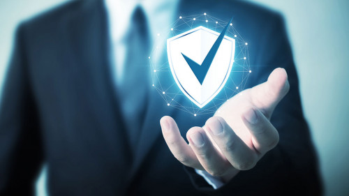 Protection network security computer and safe your data concept, Businessman holding shield protect icon