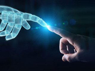 Wireframed Robot hand making contact with human hand on dark 3D