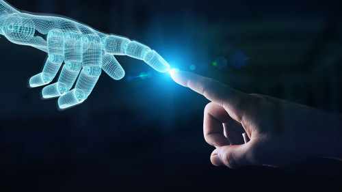 Wireframed Robot hand making contact with human hand on dark 3D