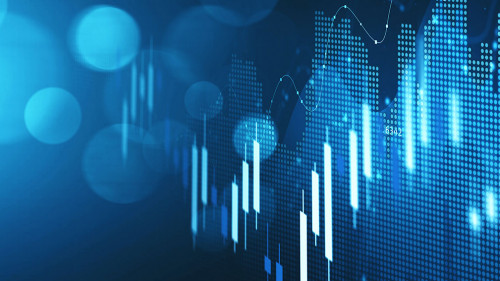 Concept of stock market and fintech forex concept. Blurry blue digital charts over dark blue background. Futuristic financial interface. 3d render illustration.