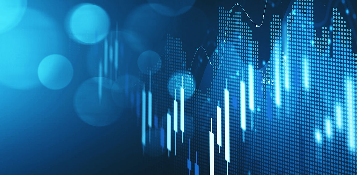 Concept of stock market and fintech forex concept. Blurry blue digital charts over dark blue background. Futuristic financial interface. 3d render illustration.