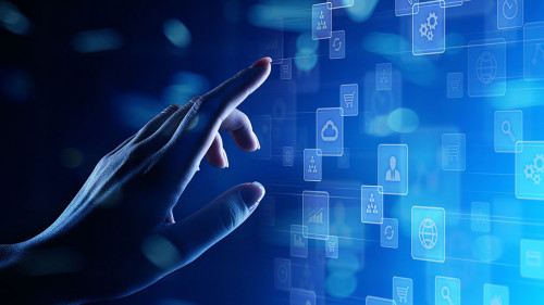 Applications icons on virtual screen, technology, development background concept.