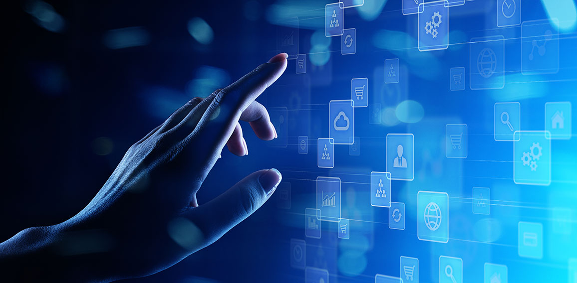 Applications icons on virtual screen, technology, development background concept.