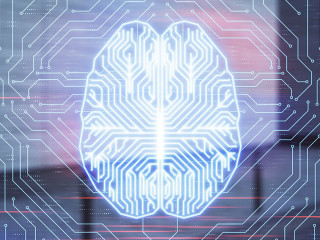 Double exposure of brain sketch hologram on empty exterior background. big data concept