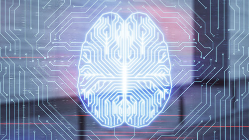 Double exposure of brain sketch hologram on empty exterior background. big data concept