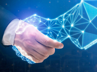 Business human and robot hands shake. Concept future business il