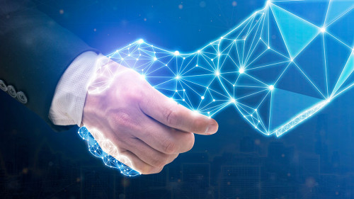 Business human and robot hands shake. Concept future business il