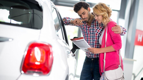 Happy couple chooses to buy a car