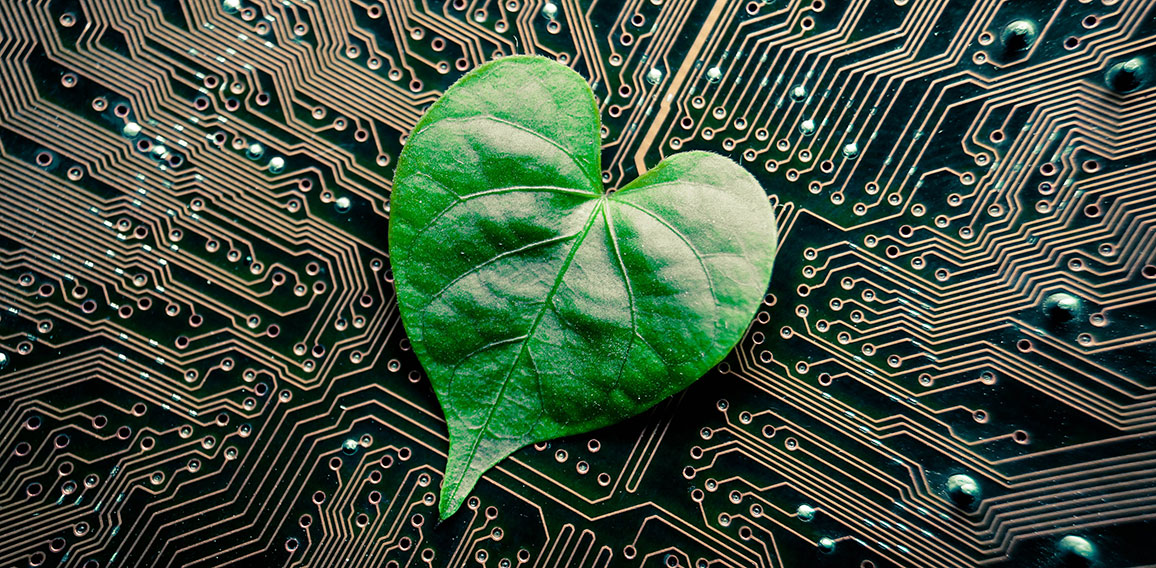 A green leaf with a heart shape on a computer circuit board / gr