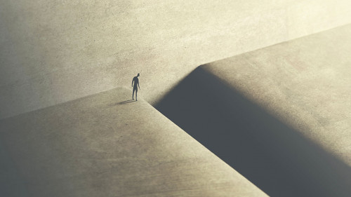 man thinking about taking big risk to reach the other side with