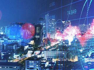 Creative red forex chart on blurry night city backdrop. Crisis and collapse concept. Double exposure.