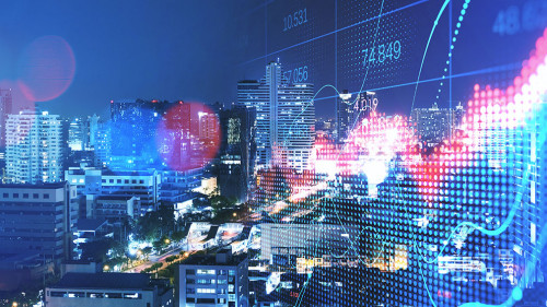 Creative red forex chart on blurry night city backdrop. Crisis and collapse concept. Double exposure.