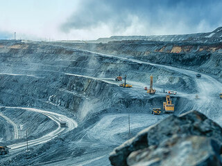 Work of trucks and the excavator in an open pit