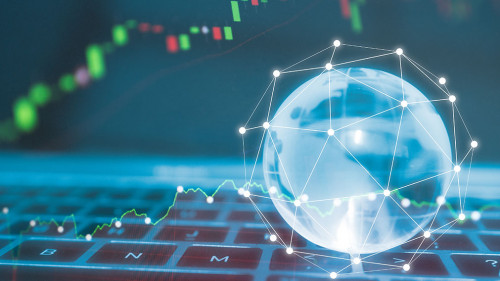 World Wide currency trading trend concept, Clear crystal globe with world map with profit graph investor background. business ideas and competition and strategy plan.