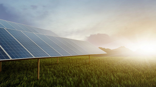 panoramic - solar panel at sunset