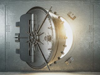 Closed gray safe door.