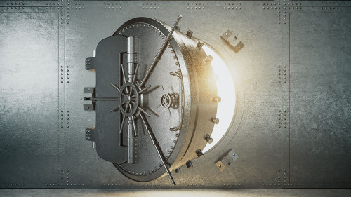 Closed gray safe door.